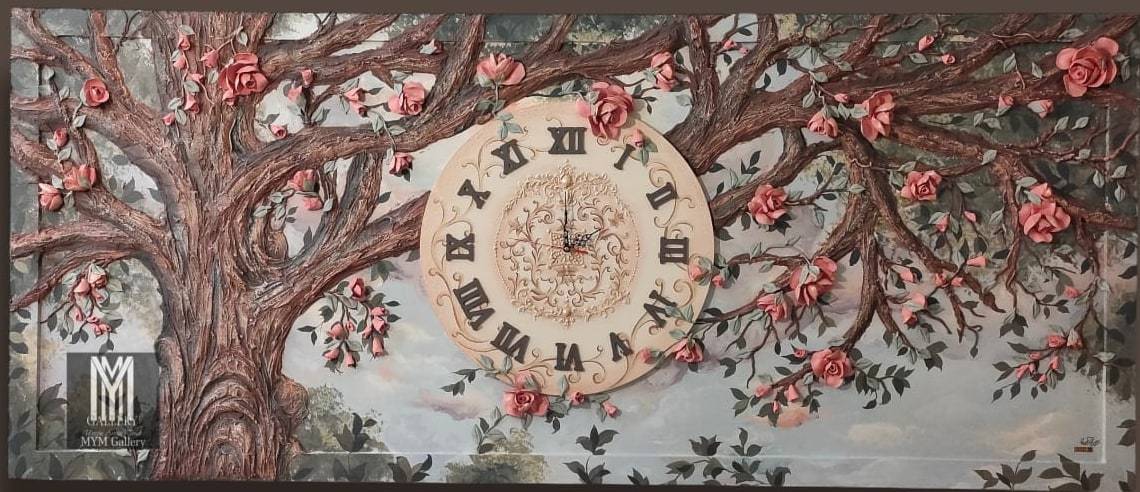 Wide relief panel of a tree with coral roses and a round Roman-numeral clock