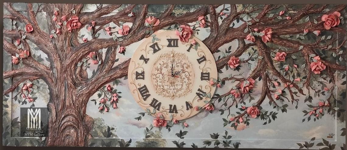 Wide relief panel of a tree with coral roses and a round Roman-numeral clock