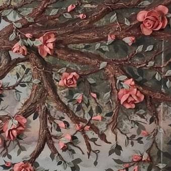 Coral roses along the right-hand branches